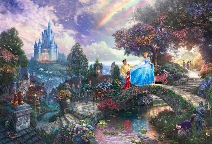Cinderella wishes upon a dream, walt disney, animated, thomas kinkade, film, art, painting