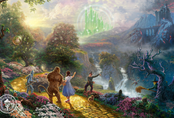 Dorothy discovers the emerald city, thomas kinkade, fantasy, painting, the wizard of oz, film