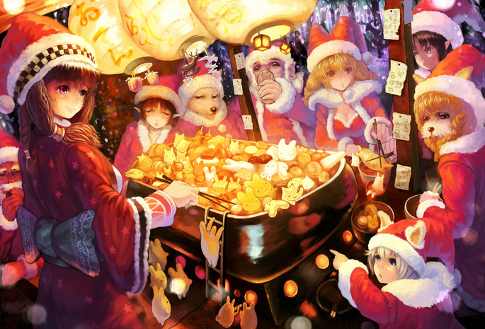 зайчики, фонари, новый год, сказка, шапка, Sakai yoshikuni