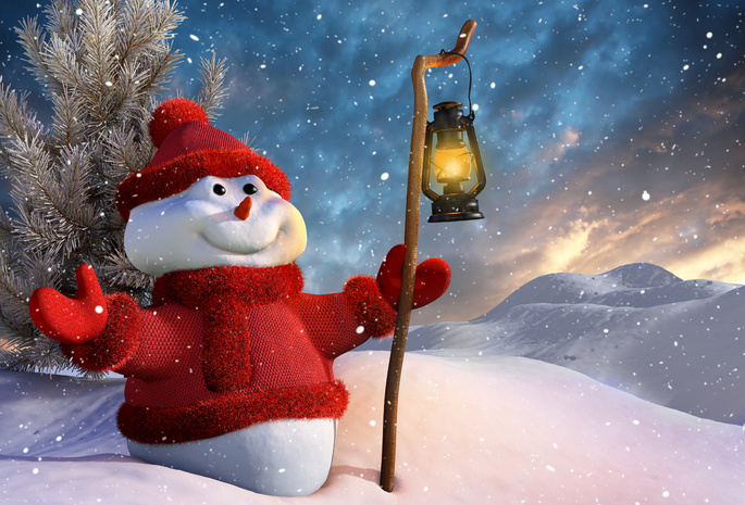 снежные, улыбка, новый год, Снеговик, рождество, фонарь