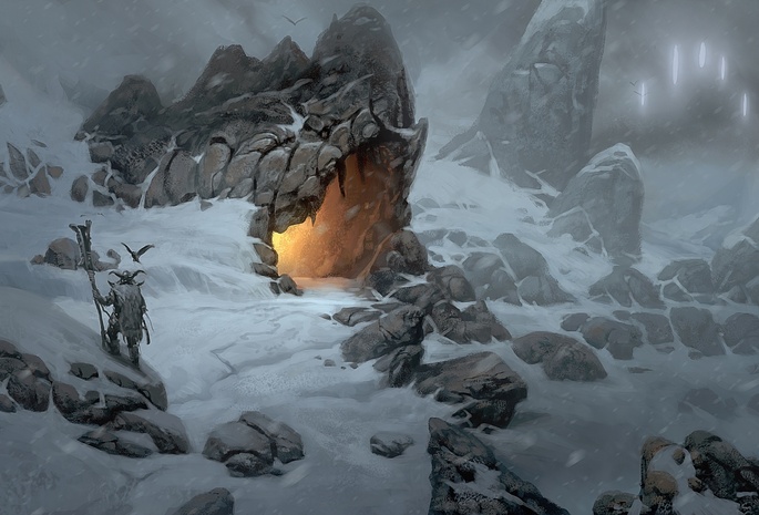 викинг, Арт, огонь, пещера, горы, снег