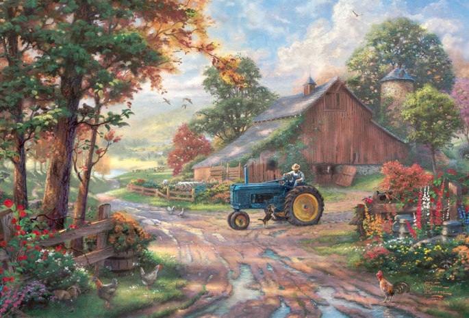 painting, barn, Summer heritage, thomas kinkade, man, animals, summer, kinkade, farm, dog, tractor