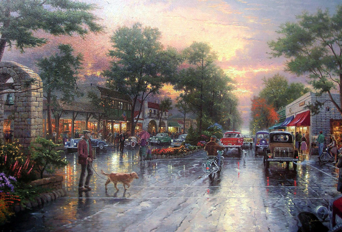 kinkade, cars, Thomas kinkade, city, houses, town, avenue, painting, carmel sunset on ocean avenue