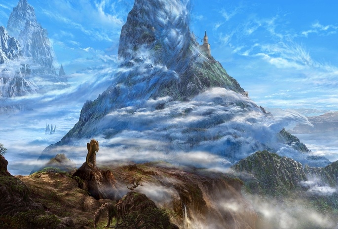горы, скалы, Арт, драконы, облака, kazamasa uchio, фэнтези, ucchiey