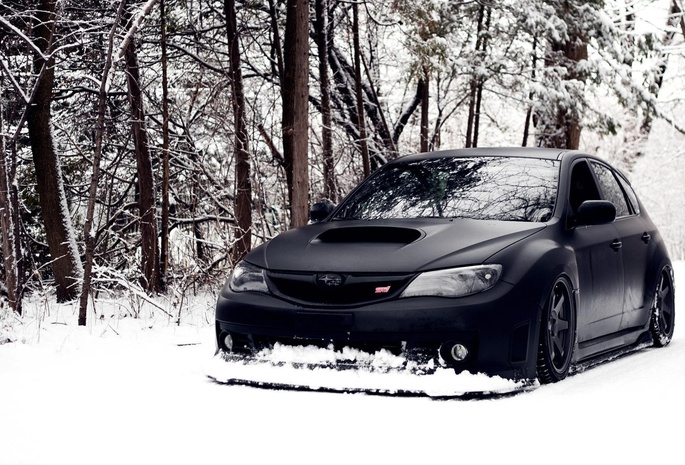 impreza, black, winter, hellaflush, wrx-sti, car, tuning, jdm, Subaru, snow, автомобиль