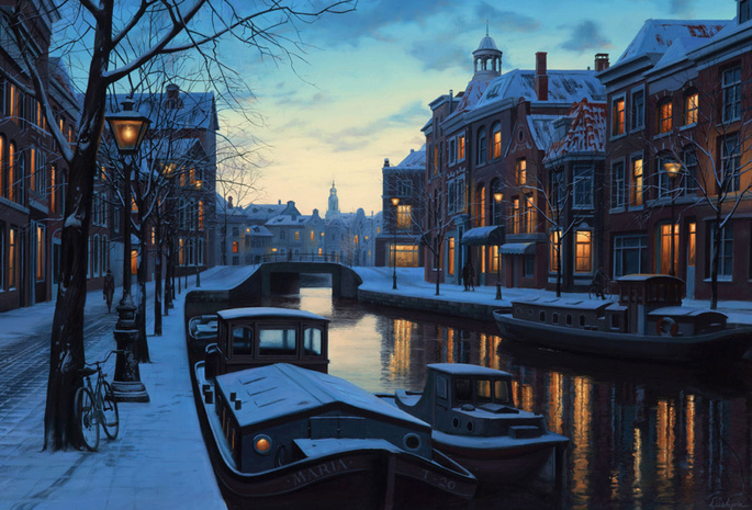 amsterdam, eugeny lushpin, lights, boats, Winter twilight, evening, holland, netherlands, painting