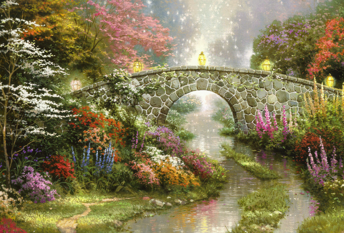 nature, painting, flowers, lamps, bridge, magic, Stillwater bridge, thomas kinkade, beautiful