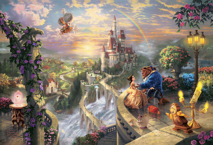 Thomas kinkade, beauty and the beast falling in love, the disney dreams collection