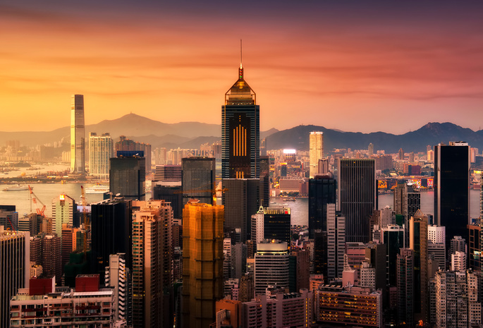 закат, залив, Гонконг, hong kong, здания, небоскребы