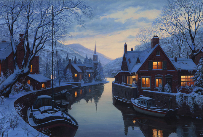 snow, lushpin, houses, winter, trees, eugeny lushpin, chapel, An old inn by the river, painting