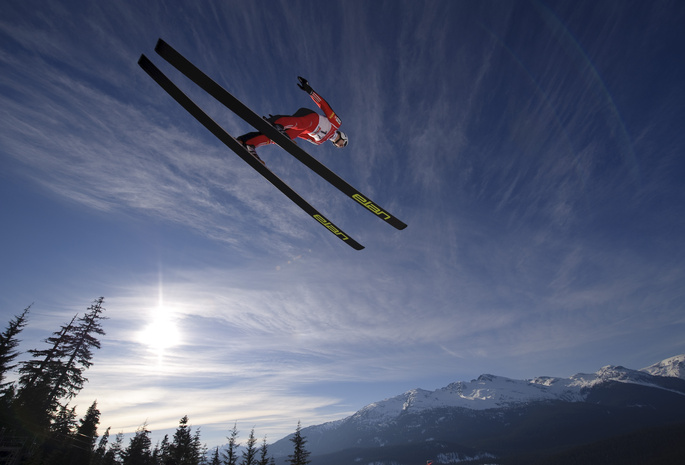 Ski jumping, солнце, прыжки с трамплина, зима, горы, небо