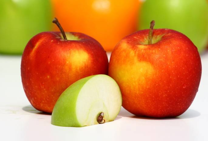 красный, пища, зеленый, фрукты, Еда, яблоки, долька