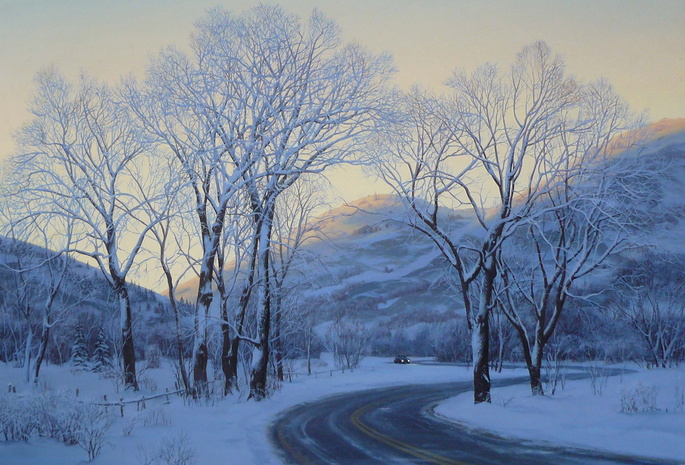 winter, trees, car, Park city, painting, lushpin, art, road, snow, evening, eugeny lushpin