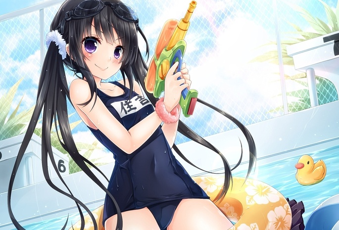 очки, Sumiyoshi nana, девочка, пистолет, вода, бассейн