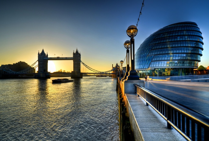 london, Tower bridge, england, city hall, sunrise, morning, англия, river, thames, uk