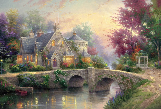 cottage, Lamplight manor, art, thomas kinkade, lamps, manor, river, painting, bridge, colorful