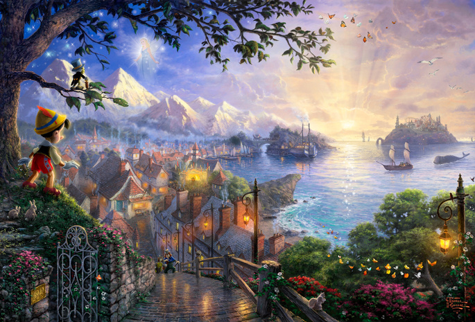 art, Thomas kinkade, 50-th anniversary, the disney dreams collection, pinocchio wishes upon a star