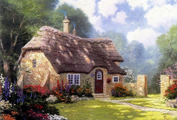 summer, томас кинкейд, Cottage in the forest, thomas kinkade, painting, cottage