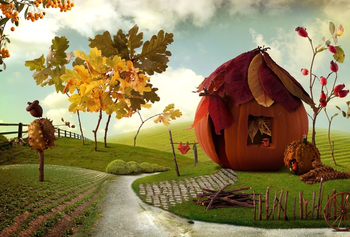 домик, тыква, Pumpkin house, chalet, осень, village, деревня, art