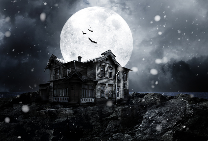 full moon, moon, Haunted house, bats, moonlight, snow, creepy, midnight, night
