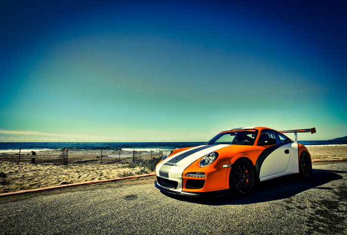 море, оранжевый, порше, Porsche, 911, gt3, небо, orange, rs