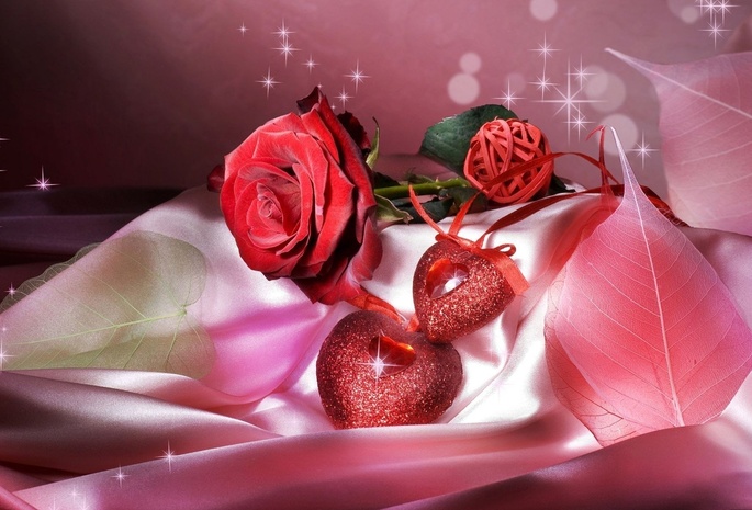 роза, два сердца, листья, сердечки, Happy valentines day, отлас