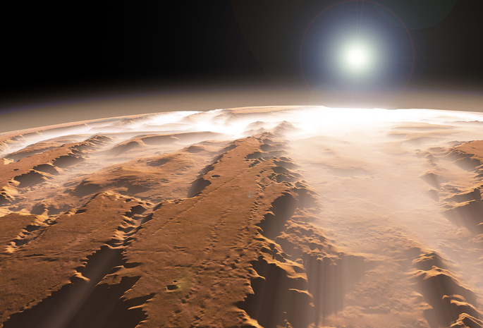 Марс, солнце, каньон, туман, планета