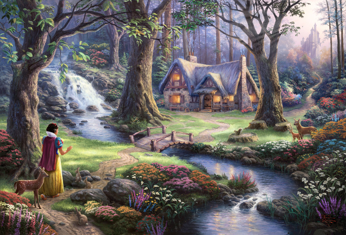 the disney dreams collection, 50-th anniversary, Thomas kinkade, snow white discovers the cottage