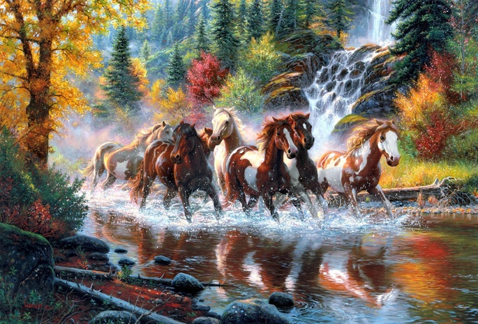 лес, Mark keathley, осень, табун, водопад, лошади, река, кони