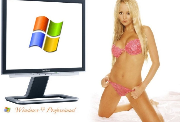 компьютер, монитор, блондинка, белье, розовое, фон, белый