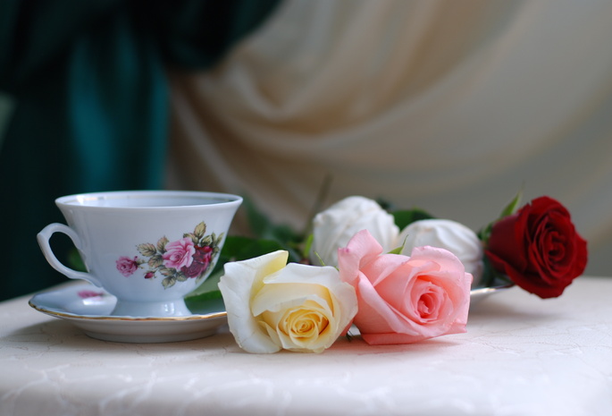стол, праздник, цветы, Натюрморт, чашка, розы, чай