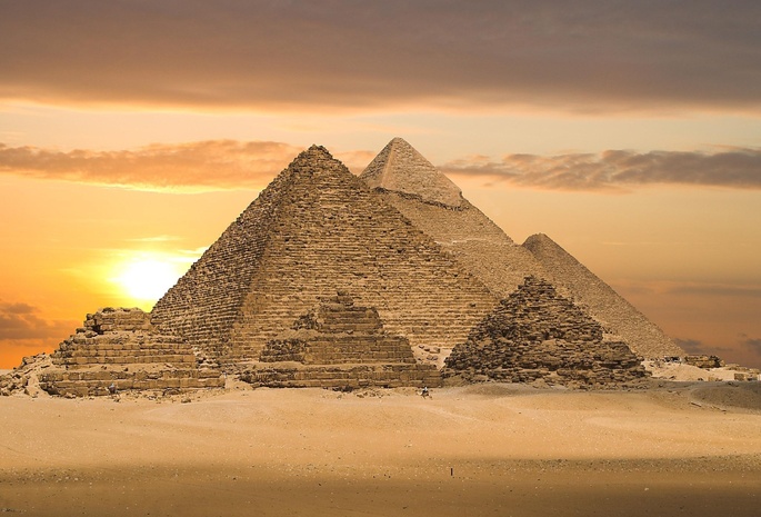 египет, пустыня, песок, пирамиды, солнце, небо