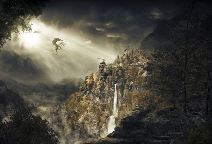 dragonborn, водопад, skyrim, Дракон, горы