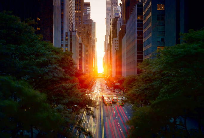 new york, солнце, Город, закат, машины, дорога, манхеттен