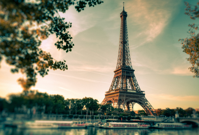 башня. закат, Париж, город. река, эйфелева