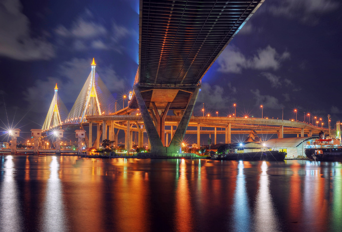 bangkok, Thailand, таиланд, мост, бангкок, ночь, огни, фонари