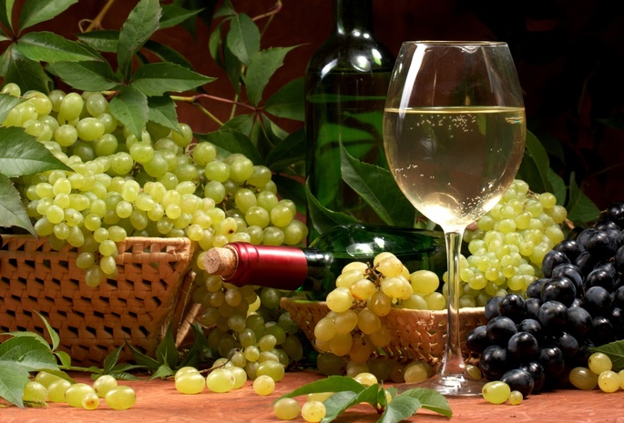 бутылка, Вино, белое, листья, бокал, корзины, виноград