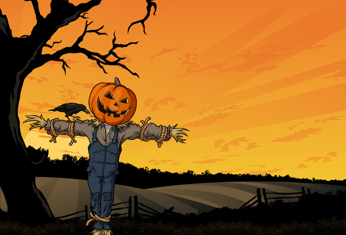 scarecrow, crow, fright, tree, creepy, field, horror, Halloween, pumpkin, хэллоуин