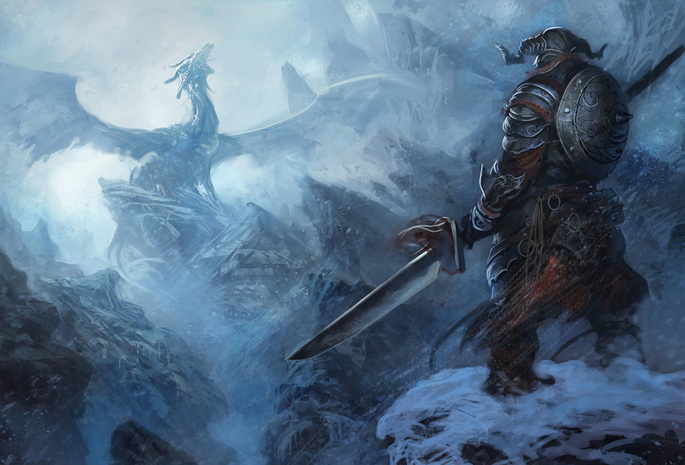 доспехи, воин, дракон, The elder scrolls, skyrim, снег, горы