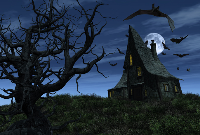 Halloween, creepy tree, bats, full moon, , haunted house, scary, страшно, хэллоуин