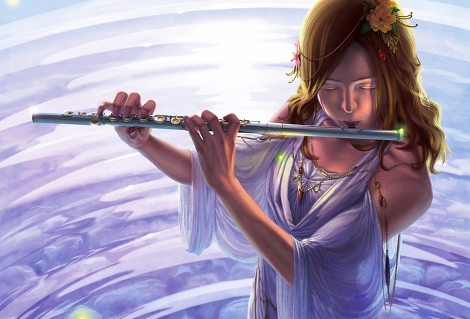 цветы, музыкальный инструмент, Арт, девушка, вода, reishin