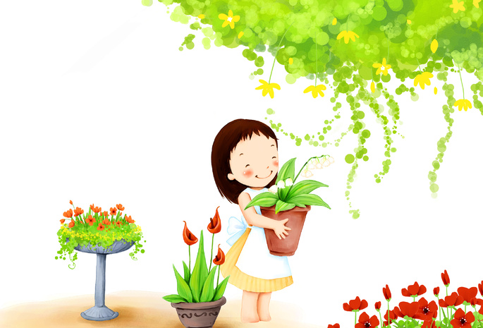 горшочки, девочка, листва, Детские обои, улыбка, цветы