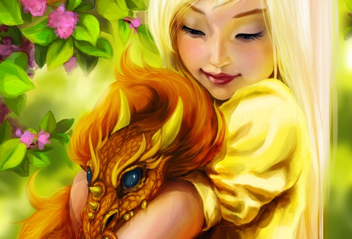 дракон, девочка, fantasy, ink-pot, flowers, dragon, art, girl, smile, Fantasy