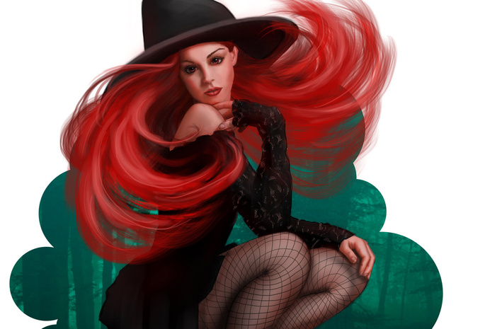 halloween, рыжая, шляпа, ведьма, девушка, Арт, хэллоуин
