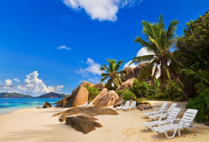Seychelles, Island, Indian Ocean, Beach, Rocks, Palms, Sea, Sky, Deck Chairs
