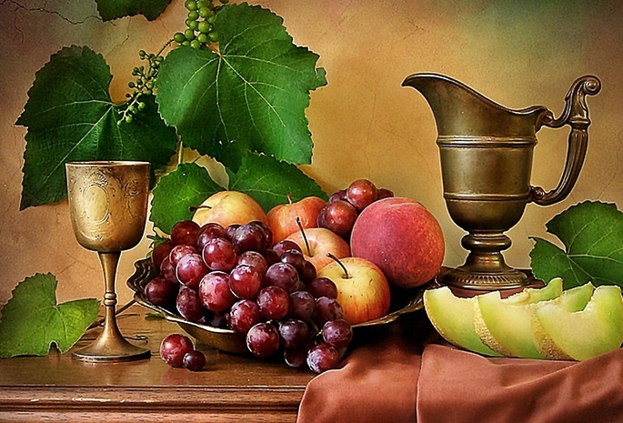 art photo, composition, still life, table, fruits, iron cup, pot