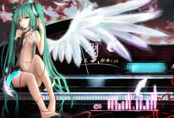 Hatsune miku, крылья, vocaloid, пианино, ангел, девушка
