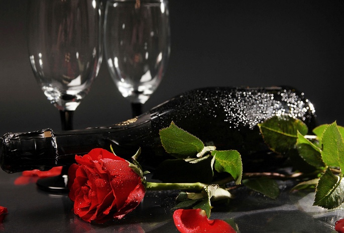 Champagne, Cups, Rose, Petals, Leaves