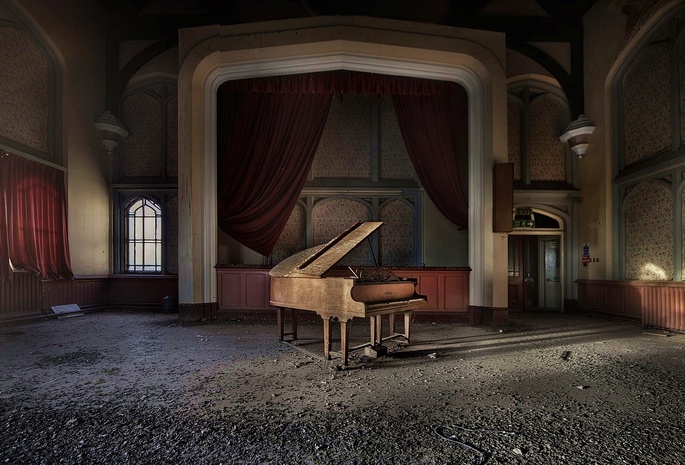 piano, music, hall, abandoned