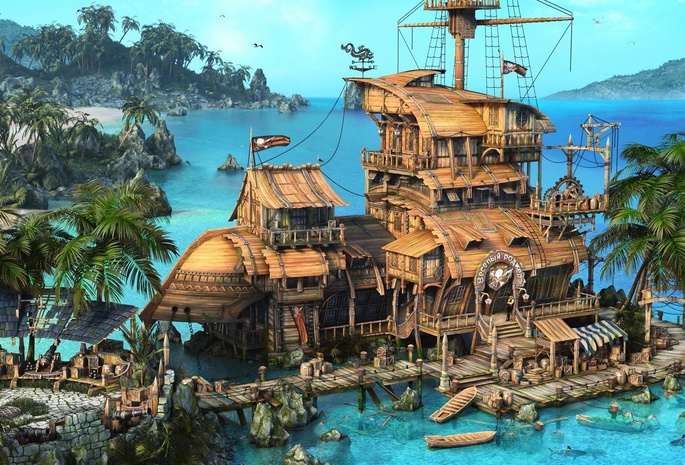 ship, sea, rendering, boats, the caribbean, Pirates, пиратская таверна